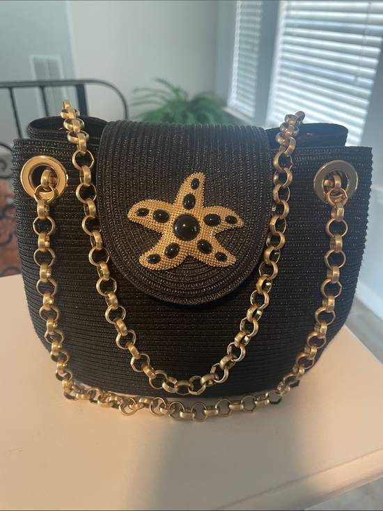 Eric Javits Handbags - Eric Javits Black Rafia Bag with Gold Starfish Accent